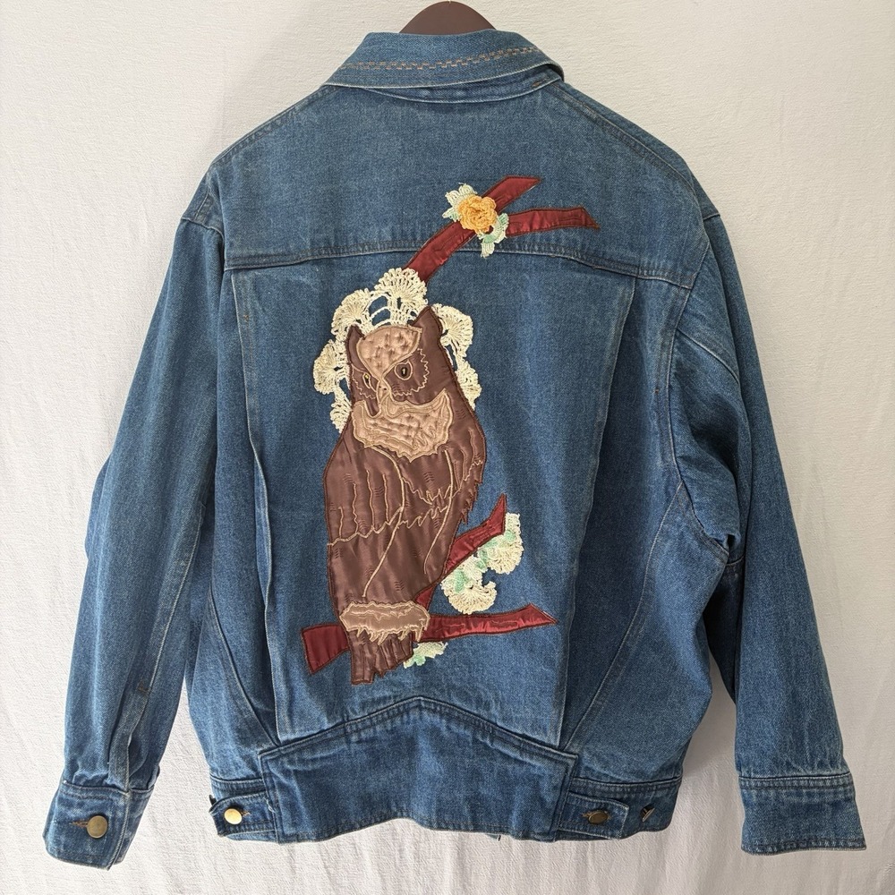 Vintage Elco Handmade‎ Denim Jacket Embroidered Owl And Lace  Small Buttons